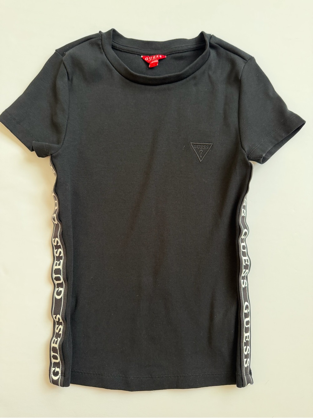 ⁠Guess Black Ribbed T-Shirt Logo Tape Sides Size M⁠